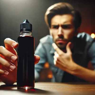 Un homme perplexe face à un e-liquide foncé